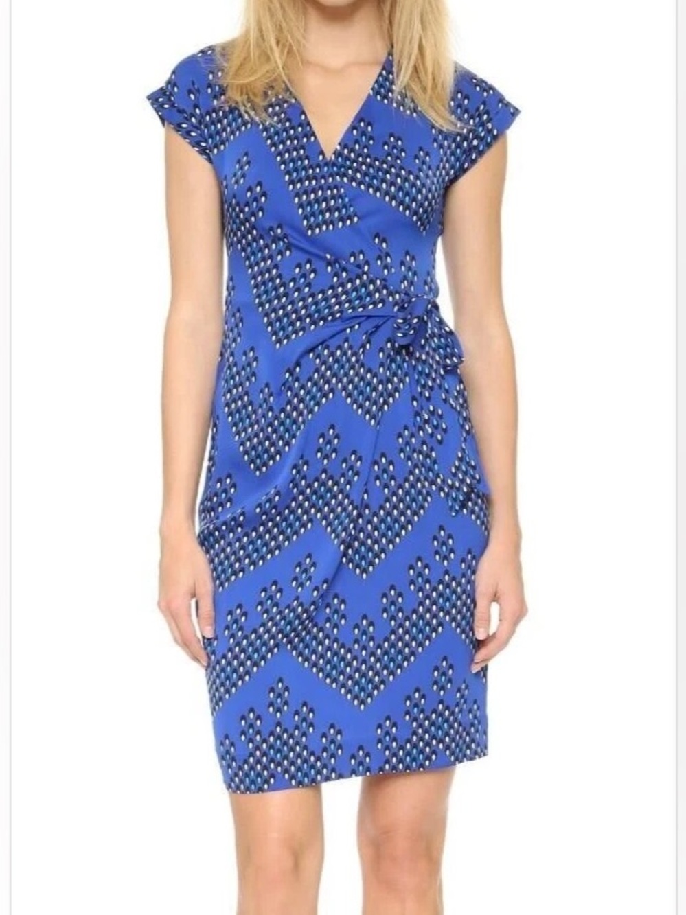 DVF Diane von Furstenberg | Sascha Silk Blend Faux Wrap Dress Blue Geometric
